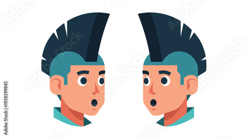 Two identical character heads with teal skin and black mohawk hairstyles facing each other on a simple white background.