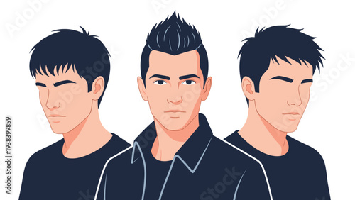 Collection of three male portraits showing different stylish hair variations on the same character against a white backdrop.
