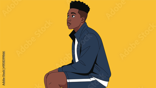 Side profile of a black man with a stylish high-top fade haircut wearing a navy blue tracksuit jacket against a yellow background.