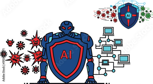 Artificial intelligence robot figure actively defending digital network systems against malicious threats and computer viruses on transparent background