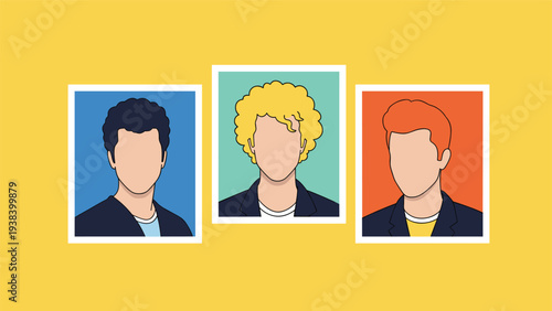 Three vertical portrait cards of men with dark, blonde, and orange hair colors displayed against colorful backdrops.