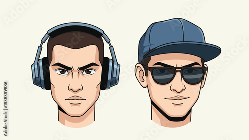 Male character portraits showcasing different urban styles with one wearing large headphones and another wearing a trendy cap and sunglasses.