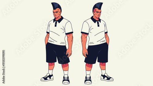 Muscular men with blue mohawk hairstyles wearing white polo shirts and black shorts posing with hands in pockets on a plain white background.