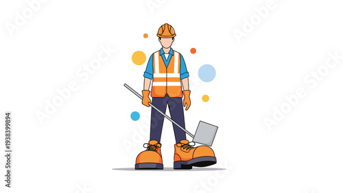 Male construction worker in a safety vest and hard hat holding a shovel and wearing oversized orange work boots on a white background.