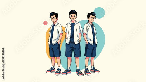 Three young men standing together wearing white button-down shirts over navy blue t-shirts and matching shorts against an abstract background.