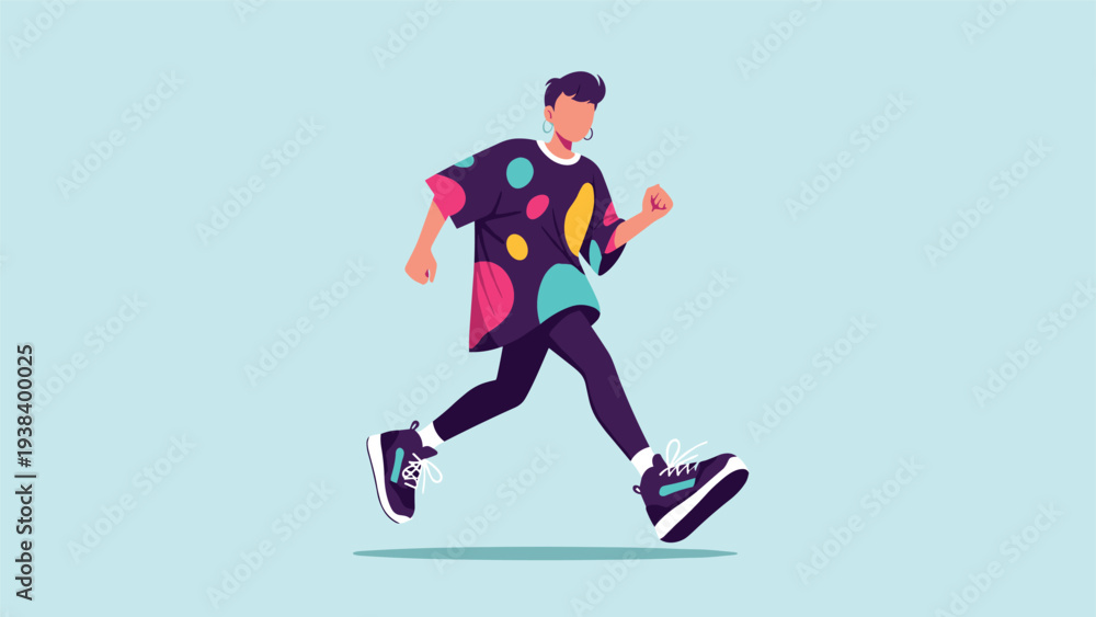 Fototapeta premium Stylish man running with energy wearing a black t-shirt with large colorful polka dots and purple leggings on a light blue background.