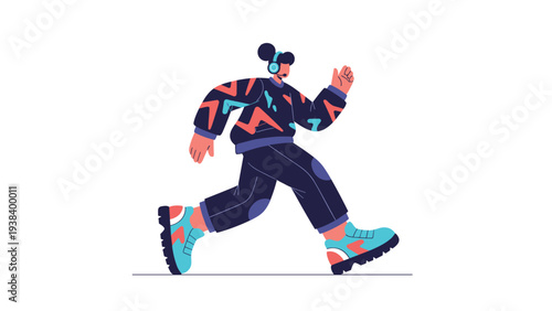 Man with a headset and microphone running while wearing a stylish patterned sweater and dark pants against a plain white background.