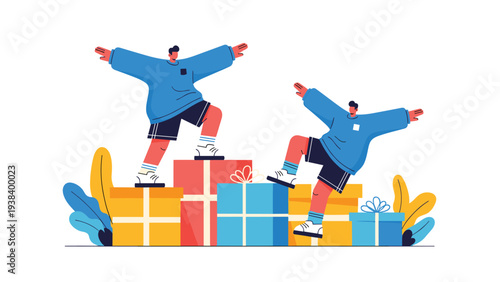 Two joyful men in blue sweatshirts and shorts standing atop large colorful stacks of gift boxes with open arms celebrating a victory.
