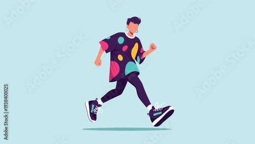 Stylish man running with energy wearing a black t-shirt with large colorful polka dots and purple leggings on a light blue background.