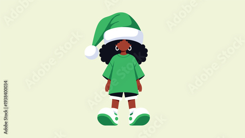 Character with a large black afro and green Christmas hat wearing a matching green oversized t-shirt on a pale green background.