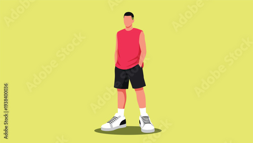 Man standing with hands in pockets wearing a bright red tank top and black shorts on a vibrant yellow background with a small shadow.