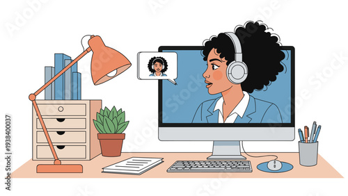 Young woman with a large afro wearing headphones and conducting a video call at a well-organized desk with office supplies and a lamp.