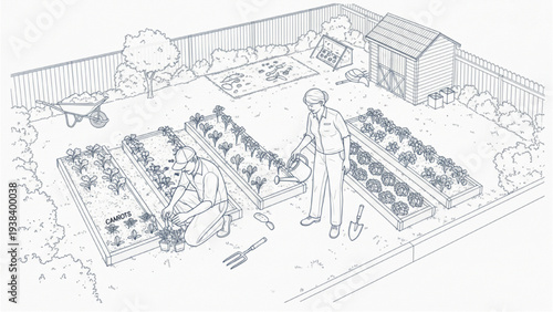 Sketch of Adults Gardening – AutoCAD Blueprint Technical Drawing of Garden Landscape Design