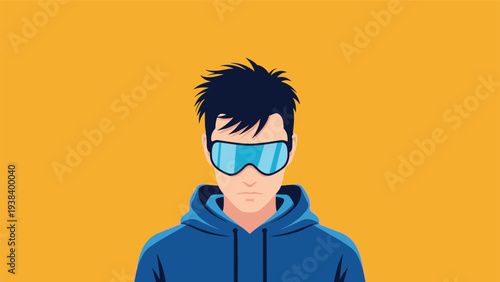 Portrait of a man with dark hair wearing blue futuristic goggles and a matching blue zip-up hoodie against a bright yellow background.