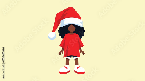 Character with voluminous black curly hair and a red Christmas hat wearing a red oversized t-shirt and white sneakers on a yellow background.