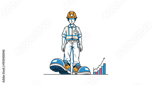 Construction worker in a white uniform and orange hard hat standing next to a rising bar chart with a white background and large boots.