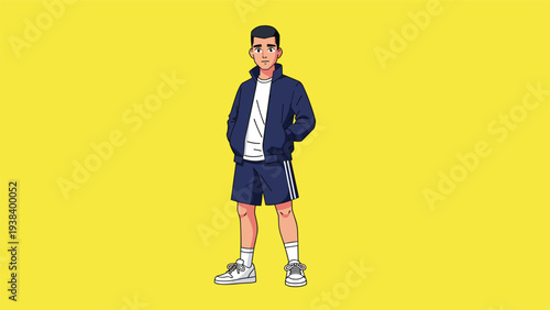 Young man in anime style wearing a navy tracksuit and white sneakers stands confidently against a bright yellow background.