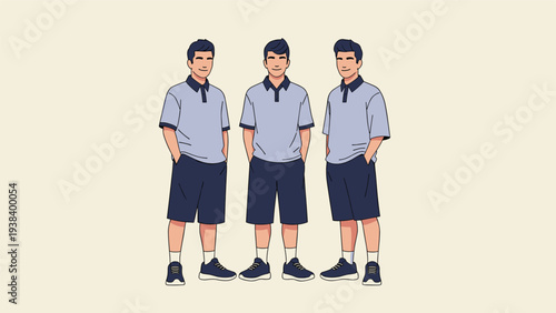 Three young men standing together wearing matching light blue polo shirts and navy blue shorts with sneakers on a plain cream background.