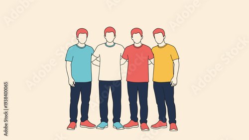 Group of four faceless men standing together with their arms around each other against a light beige background in casual attire.