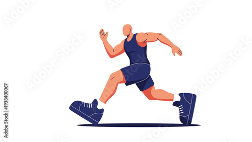 Muscular bald male athlete in a navy tank top and shorts is captured in a dynamic running pose against a plain white background.