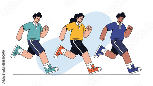 Three sequential illustrations of a young man running in different colored shirts and shorts displayed on a white background.