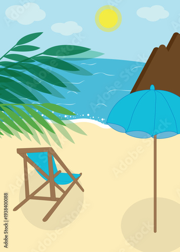 Illustration of sea and beach, summer background, flyer for repairs, vector