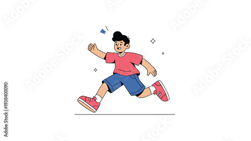 Cheerful cartoon boy with black hair wearing a red t-shirt and blue shorts is running happily on a white floor with stars.