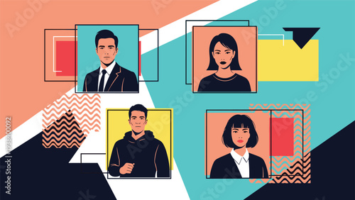 Graphic layout of four diverse character portraits in framed squares arranged over a colorful geometric background with patterns.