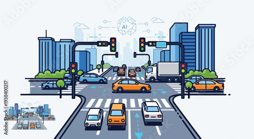 Intelligent transportation system managing busy urban traffic flow utilizing advanced artificial intelligence for optimization on transparent background