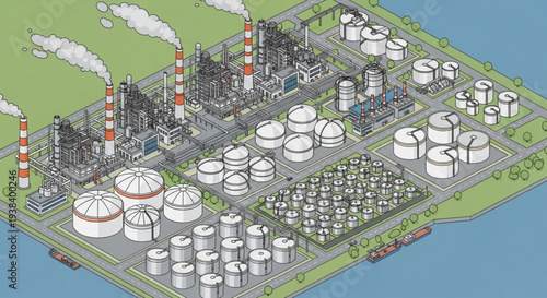 Industrial Oil Refinery Complex with Storage Tanks and Smokestacks.