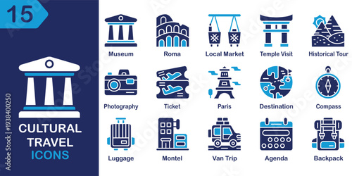 Cultural Travel solid icons collection. Containing culture, travel, tourism, heritage, tradition, history, landmark and more. Solid vector icons collection. Vector Illustration.