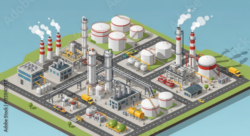 Industrial oil refinery complex with towers and storage tanks.