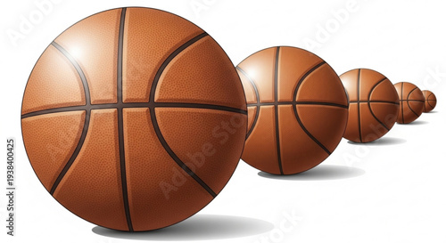 Brown basketballs in a row on white background sports equipment athletic balls