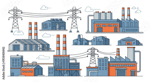 Industrial Factory Buildings and Power Lines Illustration.
