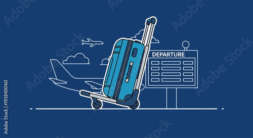 Traveler with luggage at airport departure gate with airplane taking off