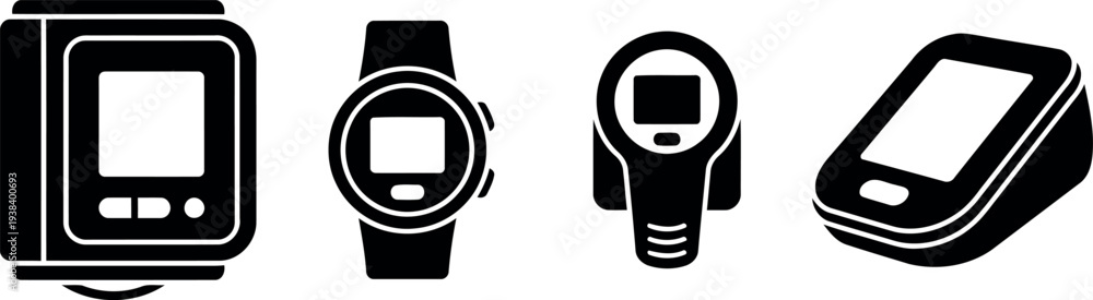 Obraz premium Set of Digital Health Monitoring Device Icons including Blood Pressure Monitor and Smartwatch Vector