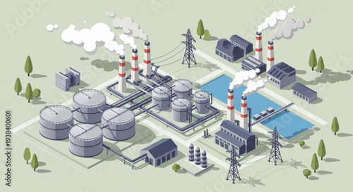 Industrial power plant with smoke stacks and storage tanks.
