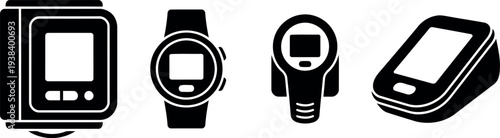 Set of Digital Health Monitoring Device Icons including Blood Pressure Monitor and Smartwatch Vector