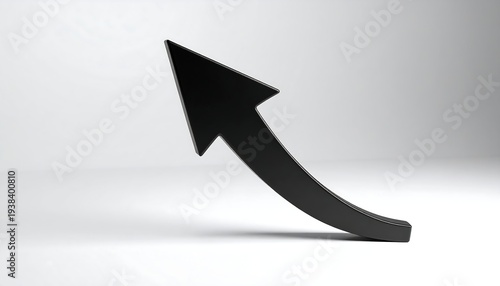 Black, curved arrow, pointing diagonally upwards, casting shadow on white surface