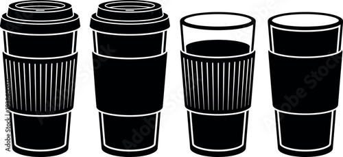 Set of Reusable and Disposable Coffee Cup Vector Icons with Sleeves and Lids, Black and White Art