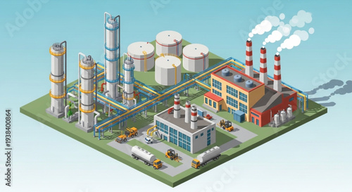 Industrial oil refinery complex with smoke stacks and storage tanks.
