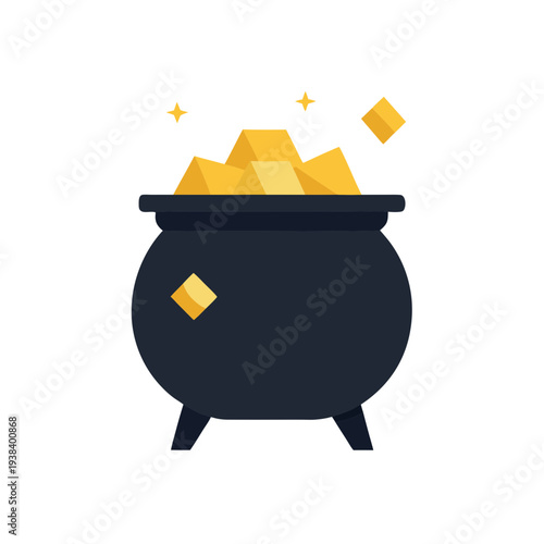 Golden Treasure Overflowing From Black Cauldron, Wealth Abundance Prosperity Concept Illustration