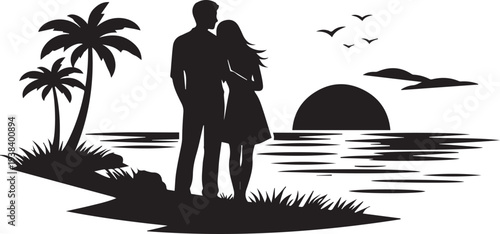 Romantic Couple Watching Sunset on Beach