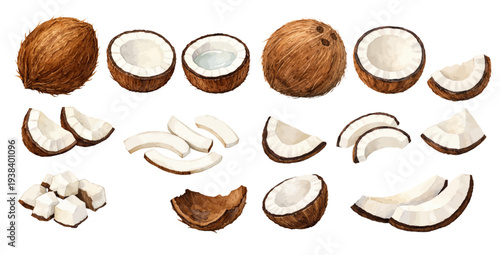 A charming watercolor collection of whole coconuts, halves, and coconut slices for tropical fruit illustrations and kitchen design.