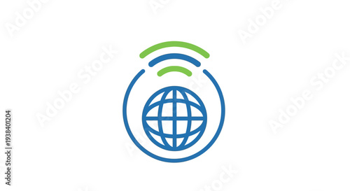 Blue globe with signal waves icon.