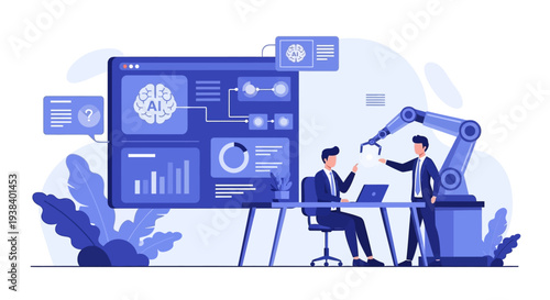 Businessman and robot arm working together.