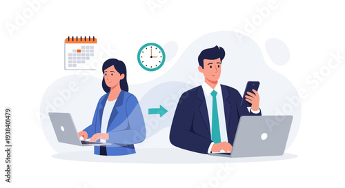 Businessman and businesswoman using technology.
