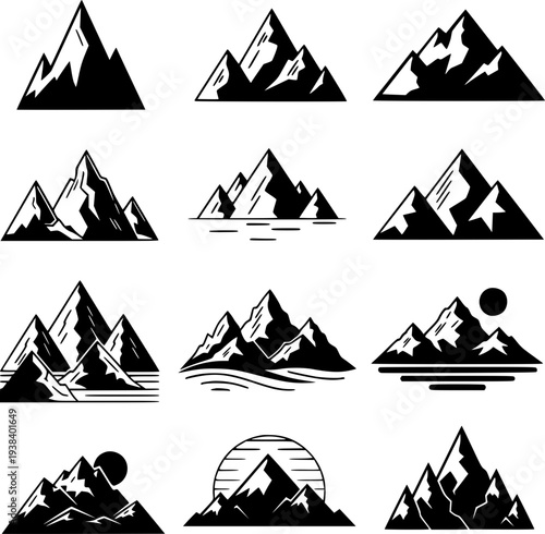 Vector illustration of a sunset landscape featuring a set of the pyramids of Egypt and Giza with a sun icon and mountain peaks for travel and tourism design