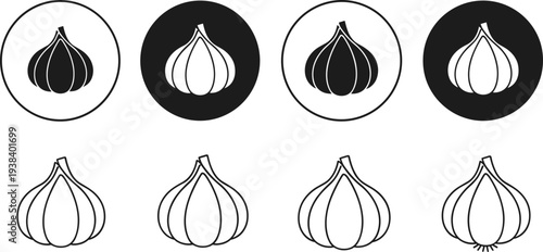 Garlic icon vector set. Minimal garlic bulb outline and silhouette icons in circle badges. Simple vegetable symbols for cooking design, kitchen apps and organic food branding.
