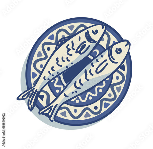 Sardines on plate. Medditerranean food. Vector isolated illustration. Blue and white color palette